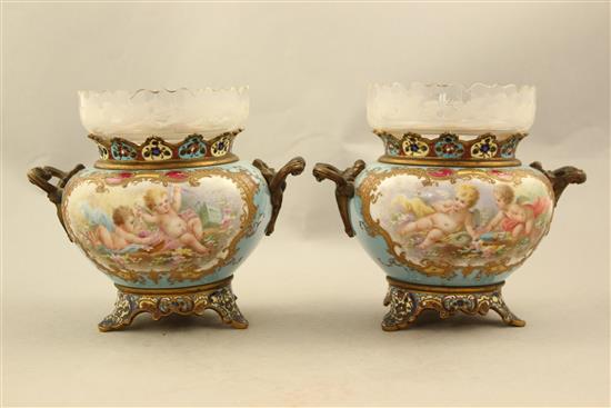 A pair of Sevres style porcelain champleve enamel and gilt brass mounted vases, c.1900, 14cm x 17cm